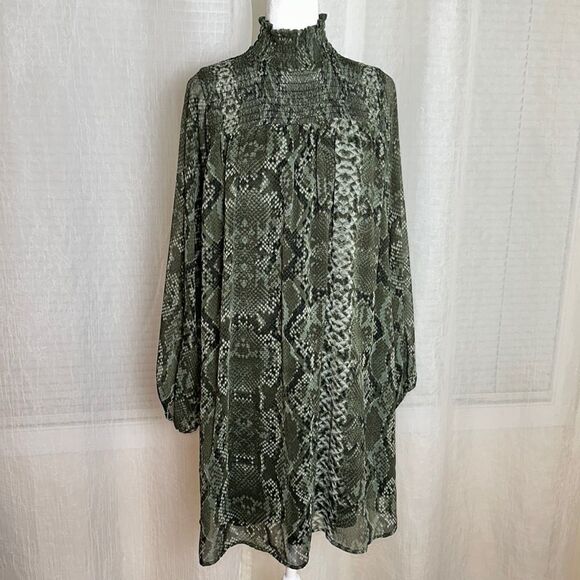 H&M 2 & 4 Winter Moth Green Black Python Animal Print Long Sleeve Mini Dress - Picture 1 of 14